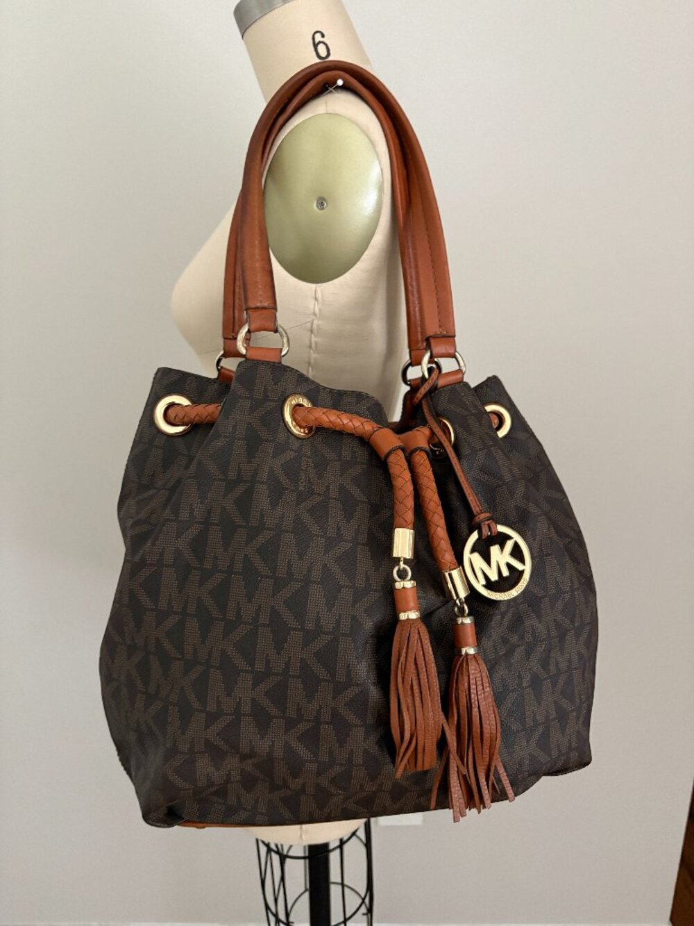 Michael Kors Jet Set Large Gathered Tote Bag Brown Monogram MK Drawstring Tassel
